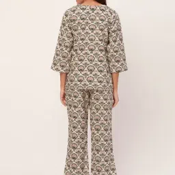 Moomaya Off White Cotton Floral Print Top With Pyjamas image 2
