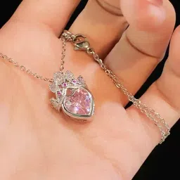 Jewels Galaxy Gold Plated Anti Tarnish Stainless Steel Heart Themed Pink Crown Necklace-image-89