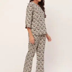 Moomaya Off White Cotton Floral Print Top With Pyjamas image 3