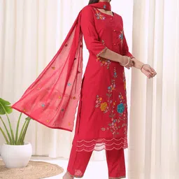 Anouk Floral Embroidered Round Neck Pure Cotton Straight Kurta With Trouser & Dupatta image 3