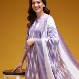 HERE&NOW Ikat Printed Pure Cotton Kurta with Trousers & With Dupatta-picture-16