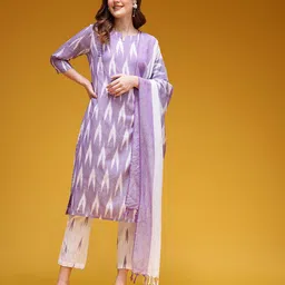 HERE&NOW Ikat Printed Pure Cotton Kurta with Trousers & With Dupatta image 2