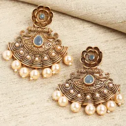 Karatcart Gold-Plated Grey Stone and Pearl Dangler Earrings for Women-image-22