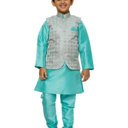 Pro-Ethic Style Developer Kids Mint Green & Grey Printed Full Sleeves Kurta, Waistcoat with Pyjamas-picture-14