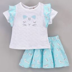 ToffyHouse Frill Sleeves Top & Skirt Set Kitty Print - Turquoise Blue-picture-0