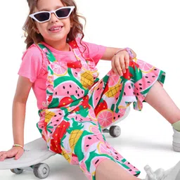 Ollington St. 100% Cotton Knit Fruits Printed Dungaree & Half Sleeves Text Printed Inner Top - Pink-picture-15