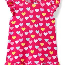 Babyhug Cotton Knit Frill Sleeves Nighty with Heart Print - Dark Pink image 1