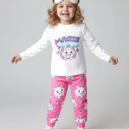 Babyhug Disney Single Jersey Knit Full Sleeves Night Suit with Marie Graphics - White & Pink-picture-16