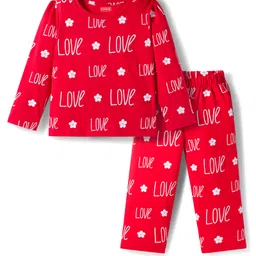 Babyhug Cotton Knit Full Sleeves Co-ords Night Suit With Text Print - Red-picture-25