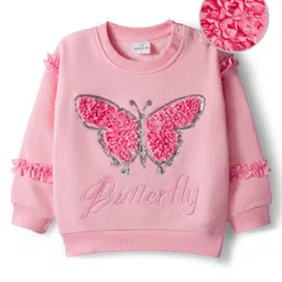 Mark & Mia Fleece Knit Full Sleeves Oversized Sweatshirt With Butterfly Sequins Embroidery & Frill Detailing - Pink-picture-23