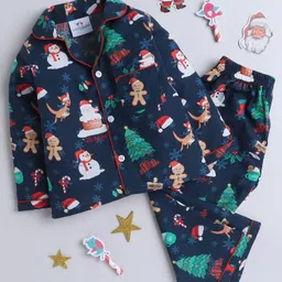 Knitting Doodles Christmas Theme Pure Cotton Woven Full Sleeves Santa & Kangaroo Printed Coordinating Night Suit Set - Navy Blue-picture-24