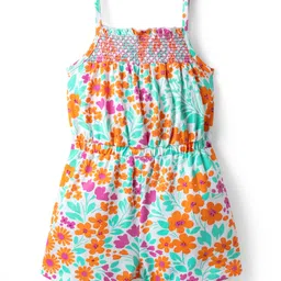 Babyhug Cotton Knit Singlet Sleeves Jumpsuits with Floral Print - Multicolor image 2
