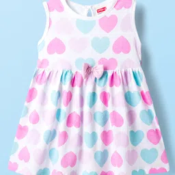 Babyhug Single Jersey Knit Half Sleeves Shrug with Frock with Heart Print Bow Applique & Sling Bag - Pink White & Light Blue image 2