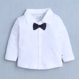 BUMZEE Cotton Knit Full Sleeves Checks 3 Piece Party Suit With Bow Applique - White & Navy - image 2