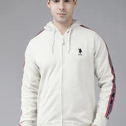 u.s. polo assn. U S Polo Assn Men Off White Brand Logo Embroidered Hooded Sweatshirt With Side Stripes image 3