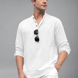 Vida Loca Men Mandarin Collar Roll-Up Sleeves Kurta image 4