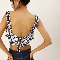 Veni Vidi Vici White & Navy Blue Checked Ruffles Styled Back Crop Top image 4