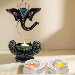 Golden Peacock Black & Green 3 Pieces Ganesha Candle Holders-image-78