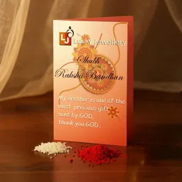 LUCKY JEWELLERY 2-Pcs Gold-Plated Meena Rakhi With Roli Chawal & Greeting Rakhi Gift Set image 3