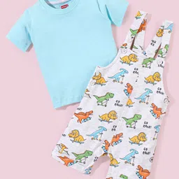 Babyhug Cotton Dungaree and Half Sleeves T-Shirt Set Dino Print - Light Blue White-image-53