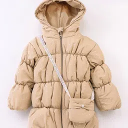 Little Kangaroos Taffeta Full Sleeves Solid Quilted Winter Jacket With Bag- Beige-picture-10