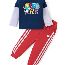 babyhug Banyhug Cotton Knit Doctor Sleeves T-Shirt & Lounge Pants Set With Sporty Theme Print - Navy & Red-picture-14