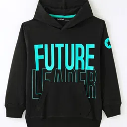 Doreme Terry Knitted Full Sleeves Hooded Sweatshirt With Text Design & Kangaroo Pockets - Black-picture-37