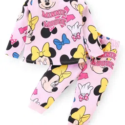Babyhug Disney Cotton Knit Full Sleeves Night Suit With Minnie Mouse Print - Pink-image-38