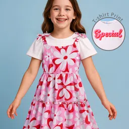 Pine Kids Cotton Knit Floral Print Frock with Half Sleeves Inner Tee - Pink & White-picture-22
