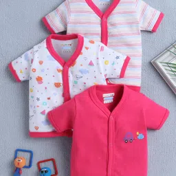BUMZEE Cotton Knit Front Open Half Sleeves Tropical Theme Printed & Striped Jhablas Pack Of 3 - Dark Pink & White-image-82