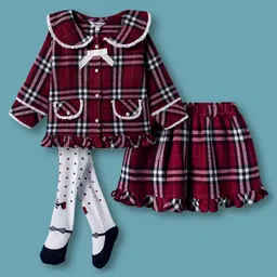 ToffyHouse Cotton Woven Full Sleeves Checks Top & Skirt Co-ord Set With Stockings - Maroon-picture-16