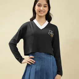 Lil Tomatoes Cotton Knit Full Sleeves Ace Text Printed Crop Top - Charcoal-picture-16