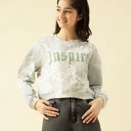 Lil Tomatoes Cotton Looper Knit Full Sleeves Inspire Text Printed Light Winter Tie Dye Sweatshirt - Oil Green-picture-22