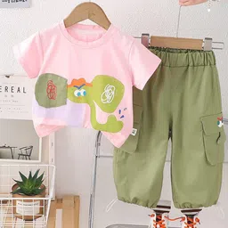 POP STREET KIDS Cotton Knit Half Sleeves Elephant Printed Tee & Joggers Set - Green-picture-14
