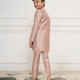 Vastramay Silk Blend Full Sleeves Abstract Embroidered & Gota Lace Embellished Sherwani Pant Set - Rose Gold image 3