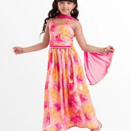 EARTHY TOUCH Woven Sleeveless Choli Lehenga Set Dupatta & Floral Glitter Print - Pink image 2