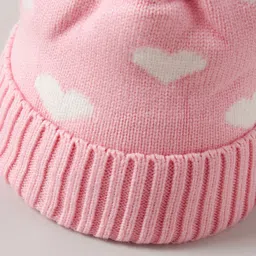 Babyhug Pom Pom Acrylic Woollen Cap Heart Design Medium Size - Pink image 3