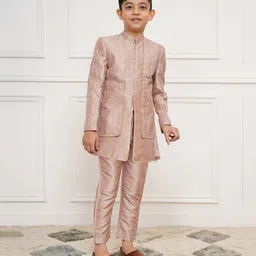 Vastramay Silk Blend Full Sleeves Abstract Embroidered & Gota Lace Embellished Sherwani Pant Set - Rose Gold image 4