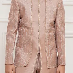 Vastramay Silk Blend Full Sleeves Abstract Embroidered & Gota Lace Embellished Sherwani Pant Set - Rose Gold image 5