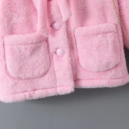 Kookie Kids Full Sleeves Collar Neck Front Open Winter Fur Jacket with Bow & Sling Bag - Pink image 5