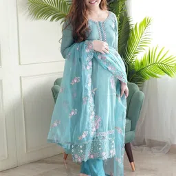 CaniBani Women Floral Embroidered Regular Thread Work Kurta with Trousers & With Dupatta image 3