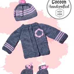 COCOON ORGANICS Handcrafted Full Sleeves Floral Design Sweater With Cap & Socks - Blue-picture-11