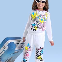 Ollington St. 100% Cotton Winterwear Drop Shoulder Full Sleeves Hooded Sweatshirt & Joggers Set With Text Print  - White & Pink-picture-22