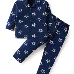 Babyhug Cotton Knit Full Sleeves Star Printed Night Suit - Navy Blue-image-27