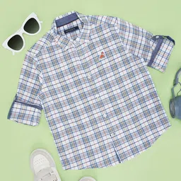 Pantaloons Junior Cotton Full Sleeves Fox Patch Detailed Checked Shirt - Blue & White-picture-21