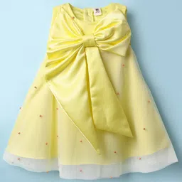ToffyHouse Cotton Woven Sleeveless Party Dress With Pearl Detailing & Bow Applique - Lemon Yellow-picture-13