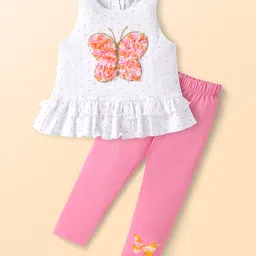 Babyhug Single Jersey Knit Sleeveless Polka Dot Printed Top & Butterfly Printed Legging Set With Butterfly Applique - White & Pink-picture-17