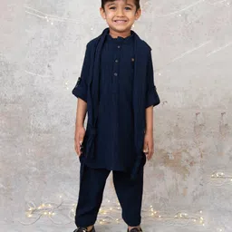 LITTLE COLLARS Blended Full Sleeves Threadwork Embroidered Kurta Patiala With Stole Set - Navy Blue-picture-25