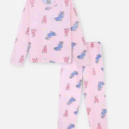 Nap Chief Pure Cotton Knit Full Sleeves Bunny & Floral Printed Coordinating Night Suit Set - Pink-picture-12