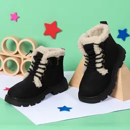 TRUFFLE COLLECTION Fur Detailed Lace Up & Zip Closure Solid Boots - Black-picture-36